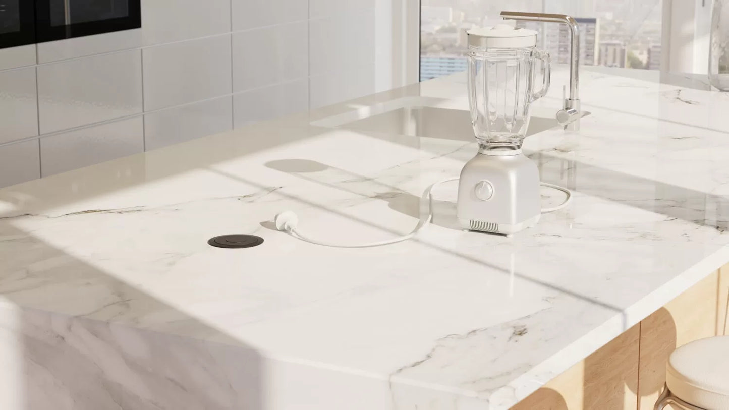 V1BC Pop Up Power Outlet Lifestyle Top View Retracted in Countertop