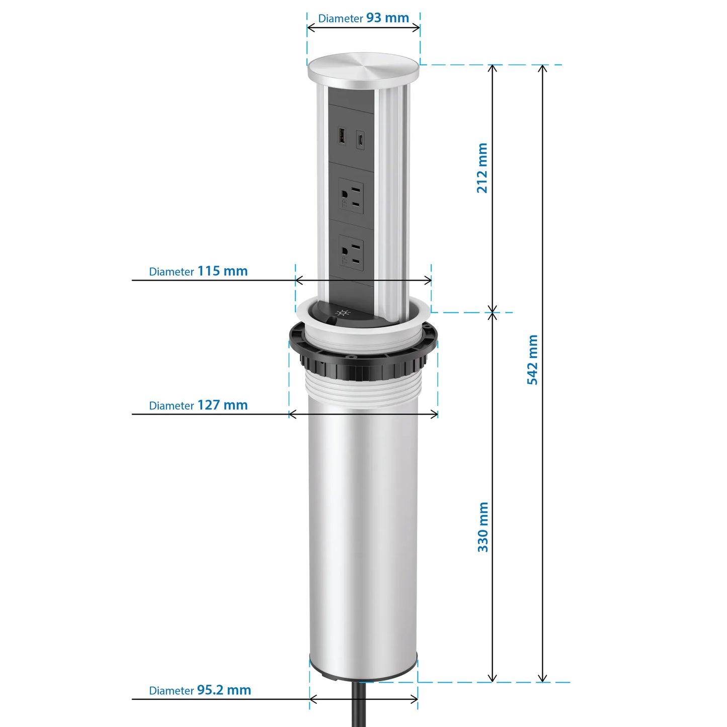 V16S: Silver Pop Up Outlet with Light & 65w USB-C
