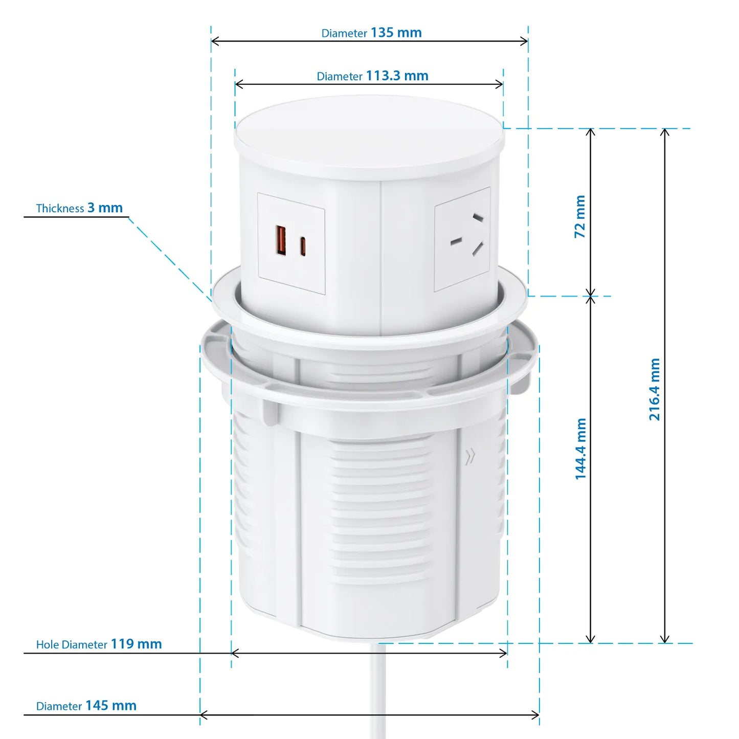 V14JW: White Quad-Sided, Pop Up Power Outlet