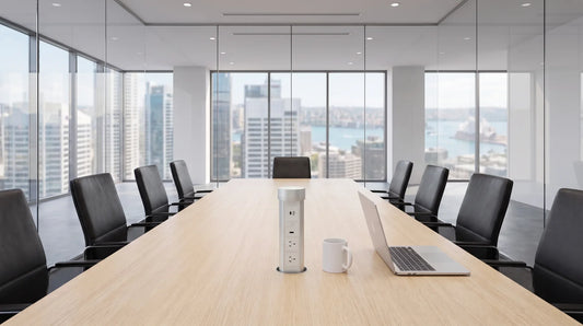 Point Pod Boardroom raised from a boardroom table in a glass-walled Sydney meeting room