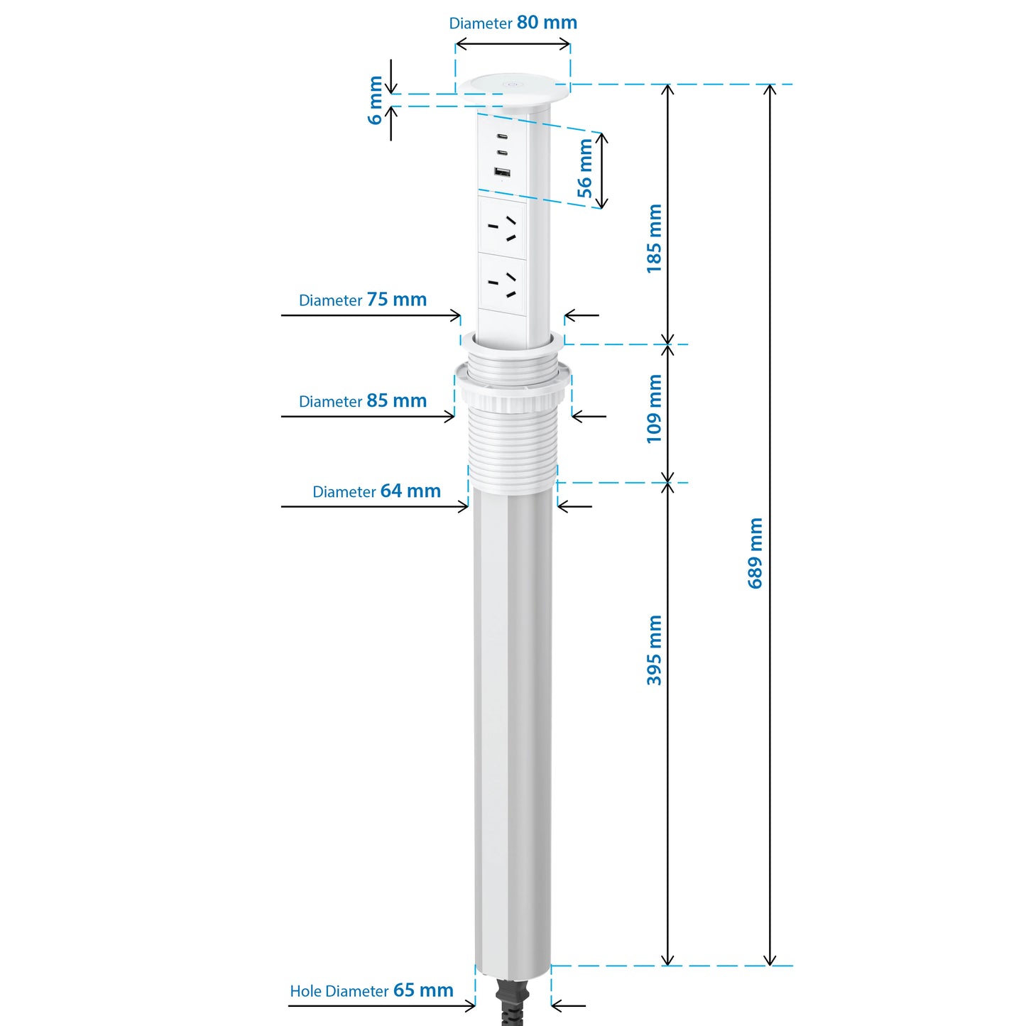 V3LW: White Motorised Pop Up Power Socket