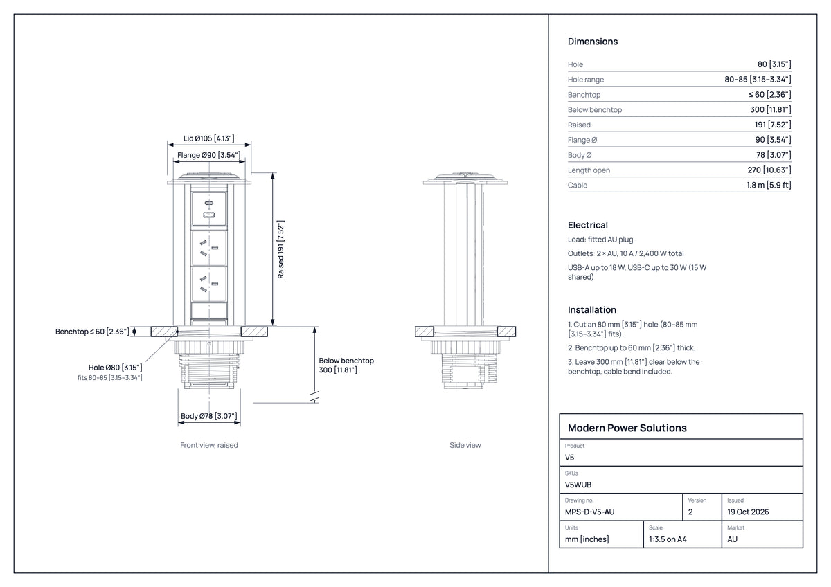V5 dimensions drawing: hole size, countertop thickness and space below
