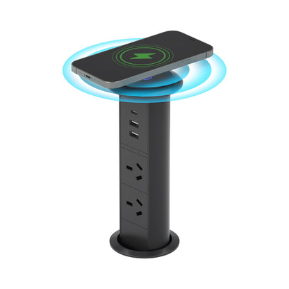 V3L pop-up power socket charging a phone on its Qi wireless lid